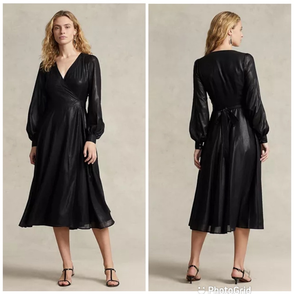 Polo Ralph Lauren Black Lamé Self-Tie Faux Wrap Dress New with Tags!